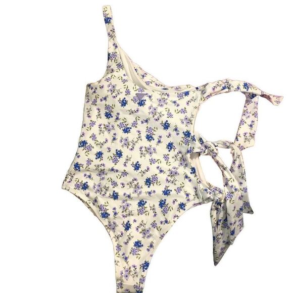 Guess Womens All Over Print One Shoulder One Piece Swimsuit S Floral Violet - Picture 6 of 7